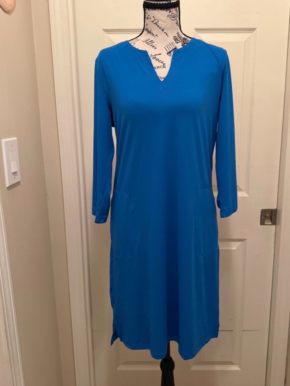 Sun Protection UPF Blue V-Neck Mini Dress with 3/4 Sleeves